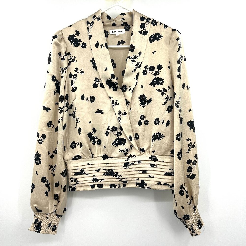 Heartloom Champagne Black Floral Satin Shirt Women's Small